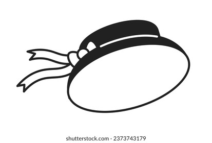 Cute bucket hat with waving ribbon monochrome flat vector object. Little kids clothing. Summertime. Editable black and white thin line icon. Simple cartoon clip art spot illustration for web design