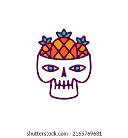 Cute bucket skull head with pineapples, illustration for t-shirt, sticker, or apparel merchandise. With doodle, retro, and cartoon style.