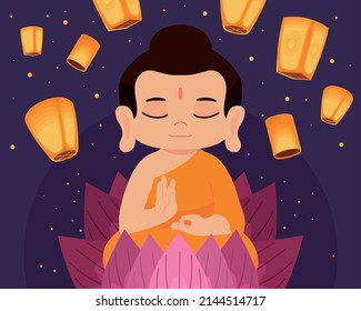 Cute Buddha And Lanterns In The Night