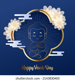 Cute Buddha line art drawing in meditation pose. Flat vector cartoon design