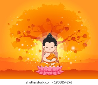 Cute Buddha meditating on the lotus under bodhi tree.Happy vesak day,Magha puja or buddha purnima-Vector illustration 