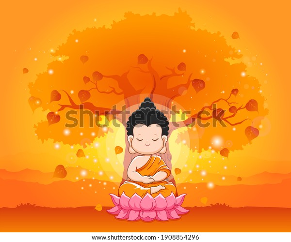 菩提樹の下に蓮の上に瞑想する可愛い仏 幸せなベサクの日 マガプジャ 仏プルニマベクターイラスト のベクター画像素材 ロイヤリティフリー