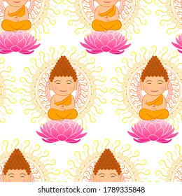 Cute Buddha seamless pattern with Mandala background for Indian, Buddhism, Spiritual wallpaper and textile prints
