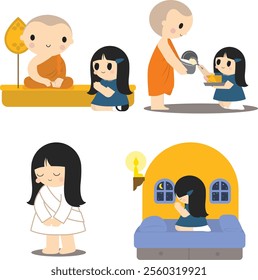 Cute Buddhist art, Monk and girl illustration, Offering food to monk art