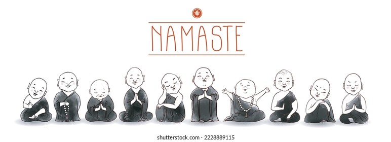 Cute buddhist monks hand drawn with ink on white background. Traditional oriental ink painting sumi-e, u-sin, go-hua. Illustration with Jizo japanese deity. Hieroglyph - happiness.