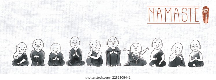 Cute buddhist monks hand drawn with ink on rice paper background. Traditional oriental ink painting sumi-e, u-sin, go-hua on rice paper background. Illustration with Jizo japanese deity.