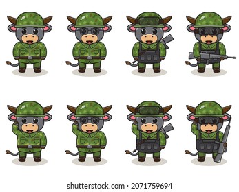 Cute Buffalo Army cartoon. Set of Animal soldiers. flat animal cartoon character design. Soldiers Isolated vector illustration.