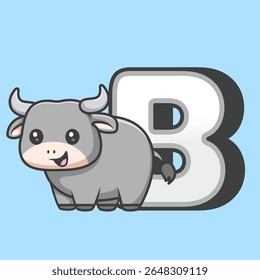 Búfalo Bonito No Alfabeto B Ilustração De Ícone De Vetor De Desenho Animado. Animal Education Icon Concept Isolado Premium Vetor. Estilo de Desenho Animado Plano