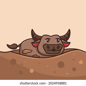 Cute buffalo big horn playing in the mud vector illustration cartoon flat style isolated animal