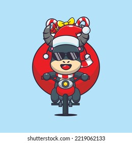 Cute buffalo carrying christmas gift with motorcycle. Cute christmas cartoon illustration. 