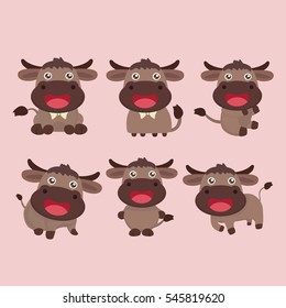 Cute buffalo cartoon with Bison in six different views.