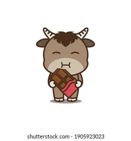 cute buffalo cartoon character enjoying chocolate