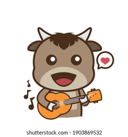 cute buffalo cartoon character with guitar and romantic melody