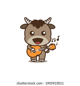 cute buffalo cartoon character with guitar and romantic melody