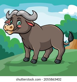 A cute Buffalo cartoon isolated on wonderful farm. Vector illustration