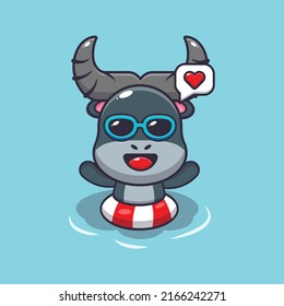 Cute buffalo cartoon mascot character swimming on pool