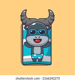 
Cute buffalo cartoon mascot character sleep on beach