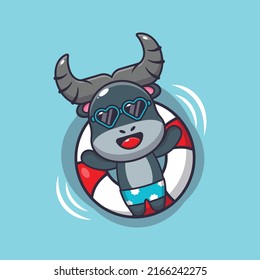 Cute buffalo cartoon mascot character swim in beach on buoy