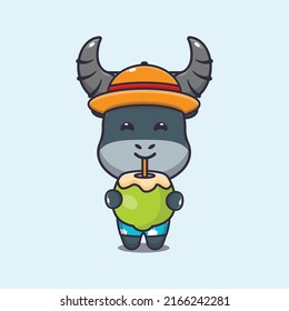 Cute buffalo cartoon mascot character drink coconut