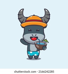 Cute buffalo cartoon mascot character drink fresh coconut