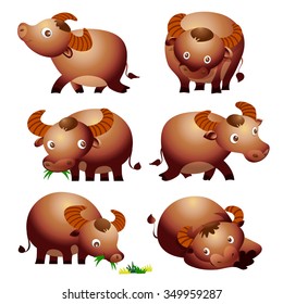 cute buffalo cartoon in various action vector cartoon.cute sleep,walking,standing,eating straw.