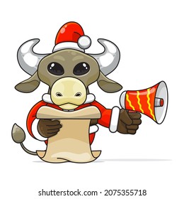 cute buffalo cartoon, wearing santa costume holding megaphone and reading script, cute animal character wearing christmas costume, front view. kawaii and simple style, suitable for christmas content