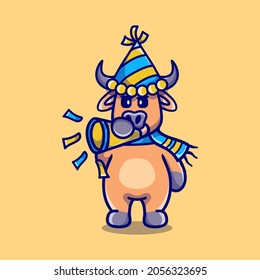 cute buffalo celebrates the new year by blowing the trumpet, suitable for new year t-shirt design or cute animal new year mascot