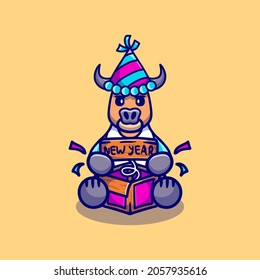 cute buffalo celebrates new year with joke surprise box, suitable for cute animal new year t-shirts or mascot designs