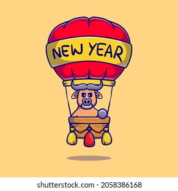 cute buffalo celebrates new year on hot air balloon, suitable for t-shirt designs or mascots celebrating the new year