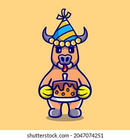 cute buffalo celebrating happy new year or birthday, suitable for t-shirt or mascot design etc. about happy new year or birthday