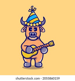 cute buffalo celebrating new year with guitar, suitable for new year t-shirt design or cute animal new year mascot