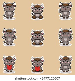 Cute Buffalo character different poses illustration. Cartoon character design. Flat Cartoon Style. Cute Animal Set.