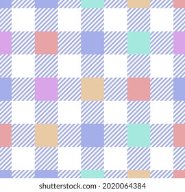Cute buffalo check pattern in pastel pink, blue, yellow, white. Concept of herringbone textured light tartan plaid for flannel shirt, blanket or other fabric design. Flat cartoon vector illustration
