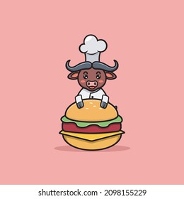 Cute Buffalo With Chef Costume And hamburger. Vector and Illustration