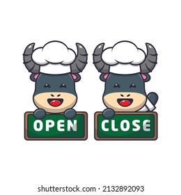 cute buffalo chef mascot cartoon character with open and close board