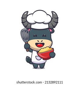 cute buffalo chef mascot cartoon character with cake dough