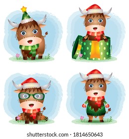 cute buffalo christmas characters collection with a hat, jacket, scarf and gift box