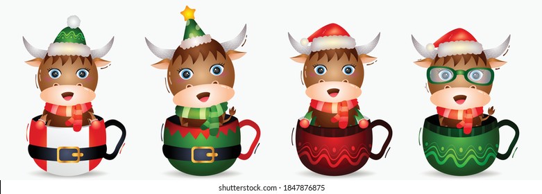 cute buffalo christmas characters collection with a hat, jacket, scarf and gift box in the christmas cup