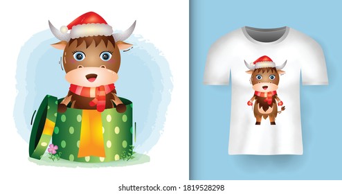 cute buffalo christmas characters using santa hat and scarf in the gift box with t-shirt design