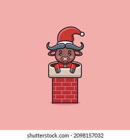 Cute Buffalo With Christmas Costume and On House Chimney.