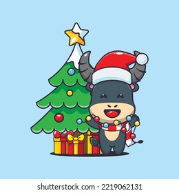 Cute buffalo with christmast lamp. Cute christmas cartoon illustration. 