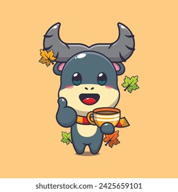 Cute buffalo with coffee in autumn season. Mascot cartoon vector illustration suitable for poster, brochure, web, mascot, sticker, logo and icon.