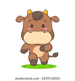 Cute buffalo cow running cartoon character. Adorable kawaii animals concept design. Hand drawn style vector illustration. Isolated white background.