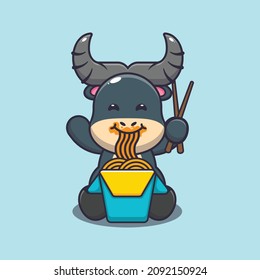 Cute buffalo eating noodle. Cute cartoon animal illustration.