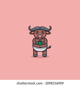 Cute Buffalo With glass of tea. Vector and Illustration