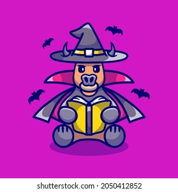 cute buffalo halloween witch reading a book, suitable for cute animal halloween t-shirts or mascot designs