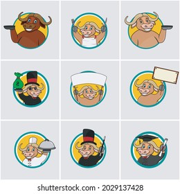 Cute Buffalo Head Circle Label set, Yellow Colors Background, Cartoon, Mascot, Animals, Character, Vector and Illustration.