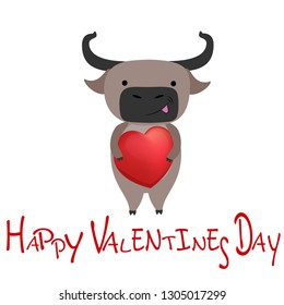 Cute buffalo with heart. Happy Valentines day. Vector illustration.