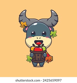 Cute buffalo holding a apple in wood bucket. Mascot cartoon vector illustration suitable for poster, brochure, web, mascot, sticker, logo and icon.