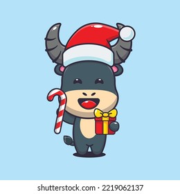 Cute buffalo holding christmas candy and gift. Cute christmas cartoon illustration. 